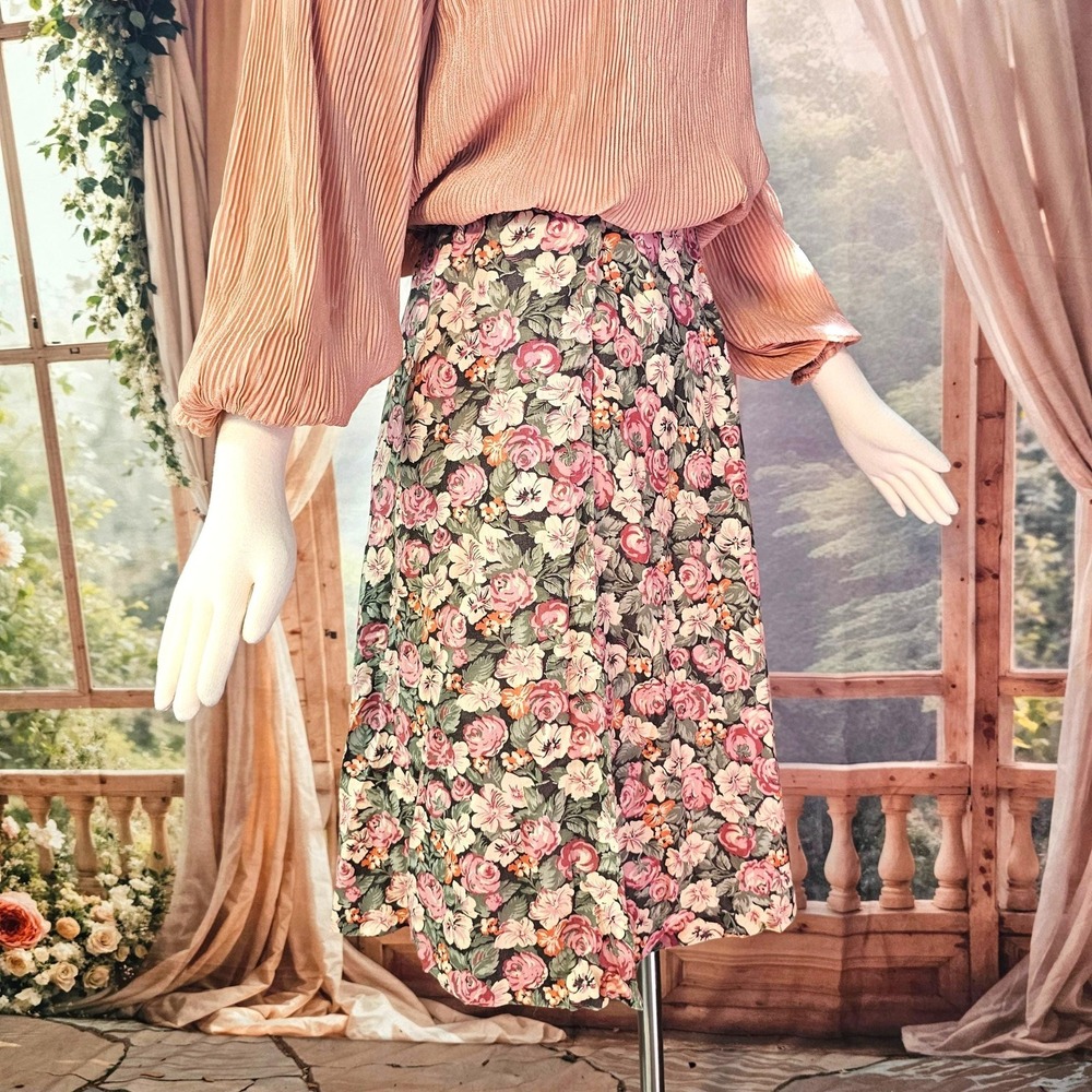 Vintage 1970s Skirt Wrap Skirt Midi Length Floral Print Pink Green Cottage Retro